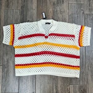 BoohooMAN Mens Oversized Boxy Crochet Stripe Polo Ecru‎ Red Yellow Medium